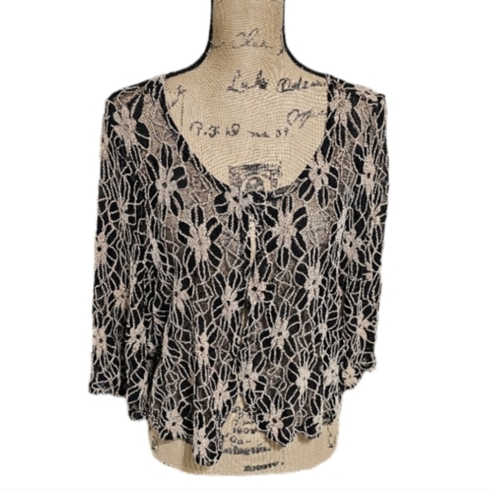 Haani Woman Black Tan Floral Lace‎ Cropped Cardigan 3/4 Sleeve Plus Sz 2X 8095LX